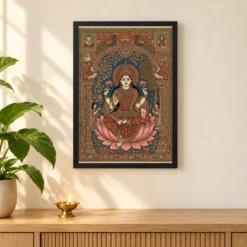 Lakshmi Kalamkari Andhra Traditional Earthy Folk Art Photo Frame — black frame pooja shelf