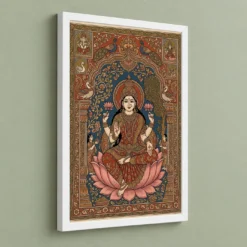 Lakshmi Kalamkari Andhra Traditional Earthy Folk Art Photo Frame — white frame angled wall