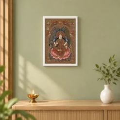 Lakshmi Kalamkari Andhra Traditional Earthy Folk Art Photo Frame — white frame distant wall