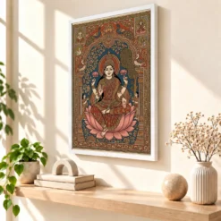 Lakshmi Kalamkari Andhra Traditional Earthy Folk Art Photo Frame — white frame warm console