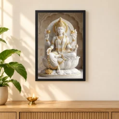 Lakshmi Marble Sculpture White Gold Divine Classical Art Photo Frame — black frame pooja shelf