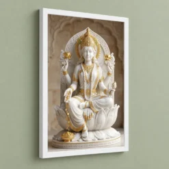 Lakshmi Marble Sculpture White Gold Divine Classical Art Photo Frame — white frame angled wall