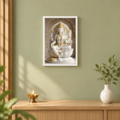 Lakshmi Marble Sculpture White Gold Divine Classical Art Photo Frame — white frame distant wall