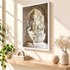 Lakshmi Marble Sculpture White Gold Divine Classical Art Photo Frame — white frame warm console