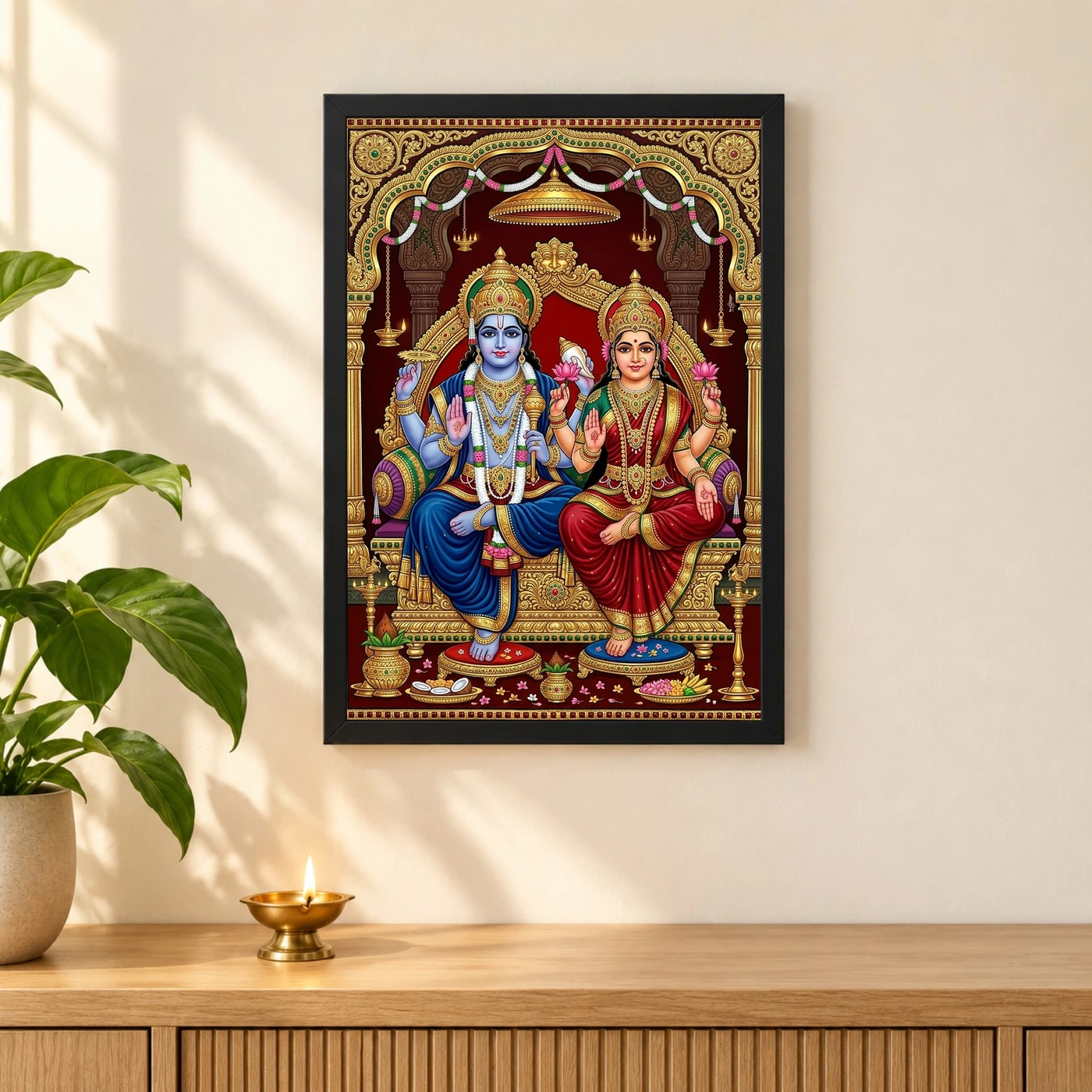 Lakshmi Narayan Tanjore Painting Gold South Indian Art Photo Frame 3 Lakshmi Narayan Tanjore Painting Gold South Indian Art Photo Frame — black frame pooja shelf