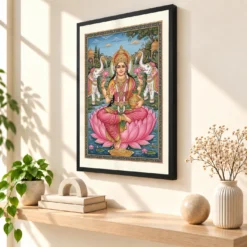 Lakshmi Rajasthani Miniature Pink Gold Traditional Art Photo Frame — black frame console