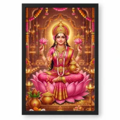 Mahalakshmi Four Arms Lotus Gold Pink Diwali Devotional Art Photo Frame — black frame clean