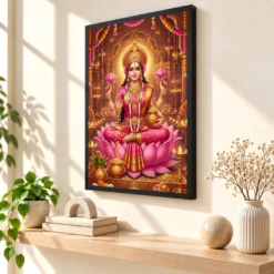 Mahalakshmi Four Arms Lotus Gold Pink Diwali Devotional Art Photo Frame — black frame console