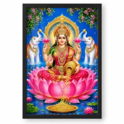 Varalakshmi Photo Frame with Elephants and Lotus — black frame clean