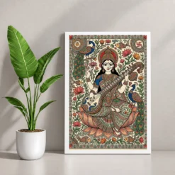 Madhubani Saraswati — Veena Folk Art Frame — white frame console