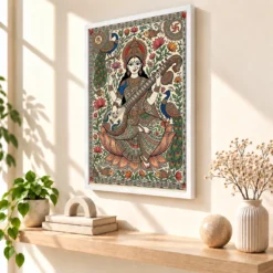 Madhubani Saraswati — Veena Folk Art Frame — white frame warm console