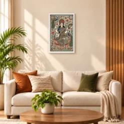 Madhubani Saraswati — Veena Folk Art Frame — white frame sofa