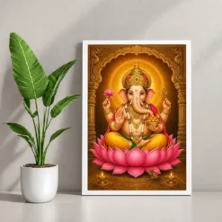 Siddhivinayak Ganpati — Golden Lotus Blessings Frame — white frame console