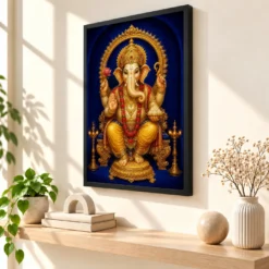 Dagdusheth Ganpati — Royal Blue Gold Frame — black frame console