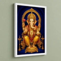 Dagdusheth Ganpati — Royal Blue Gold Frame — white frame angled wall