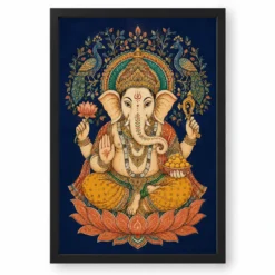 Ganesha — Madhubani Peacock Folk Art Frame — black frame clean