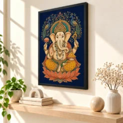 Ganesha — Madhubani Peacock Folk Art Frame — black frame console