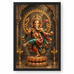 Dancing Ganesha — Bronze Temple Art Frame — black frame clean