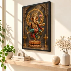 Dancing Ganesha — Bronze Temple Art Frame — black frame console