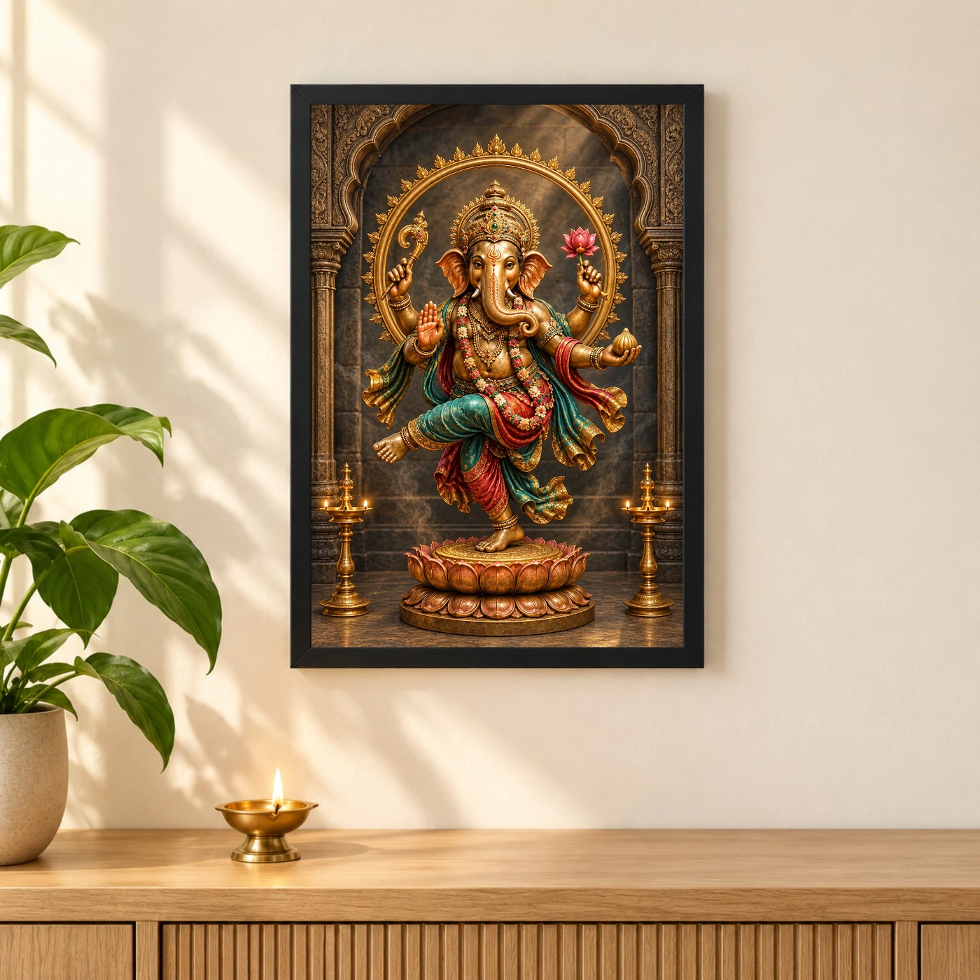 Dancing Ganesha — Bronze Temple Art Frame 3 Dancing Ganesha — Bronze Temple Art Frame — black frame pooja shelf