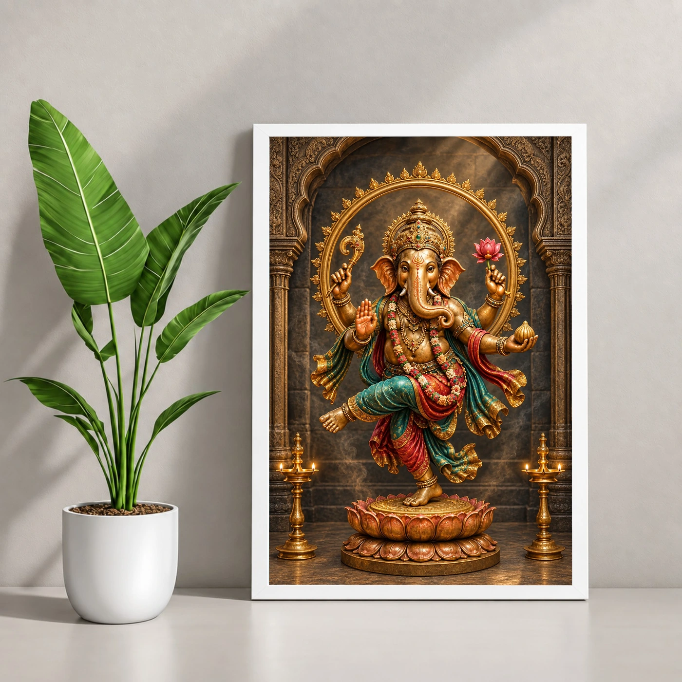 Dancing Ganesha — Bronze Temple Art Frame 4 Dancing Ganesha — Bronze Temple Art Frame — white frame console
