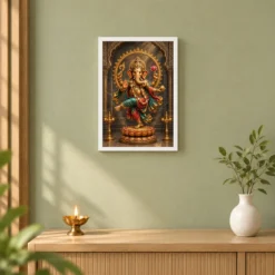 Dancing Ganesha — Bronze Temple Art Frame 14 Dancing Ganesha — Bronze Temple Art Frame — white frame distant wall
