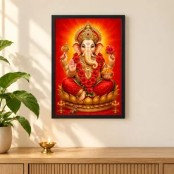 Ganpati Bappa — Red Hibiscus Radiance Frame 11 Ganpati Bappa — Red Hibiscus Radiance Frame — black frame pooja shelf