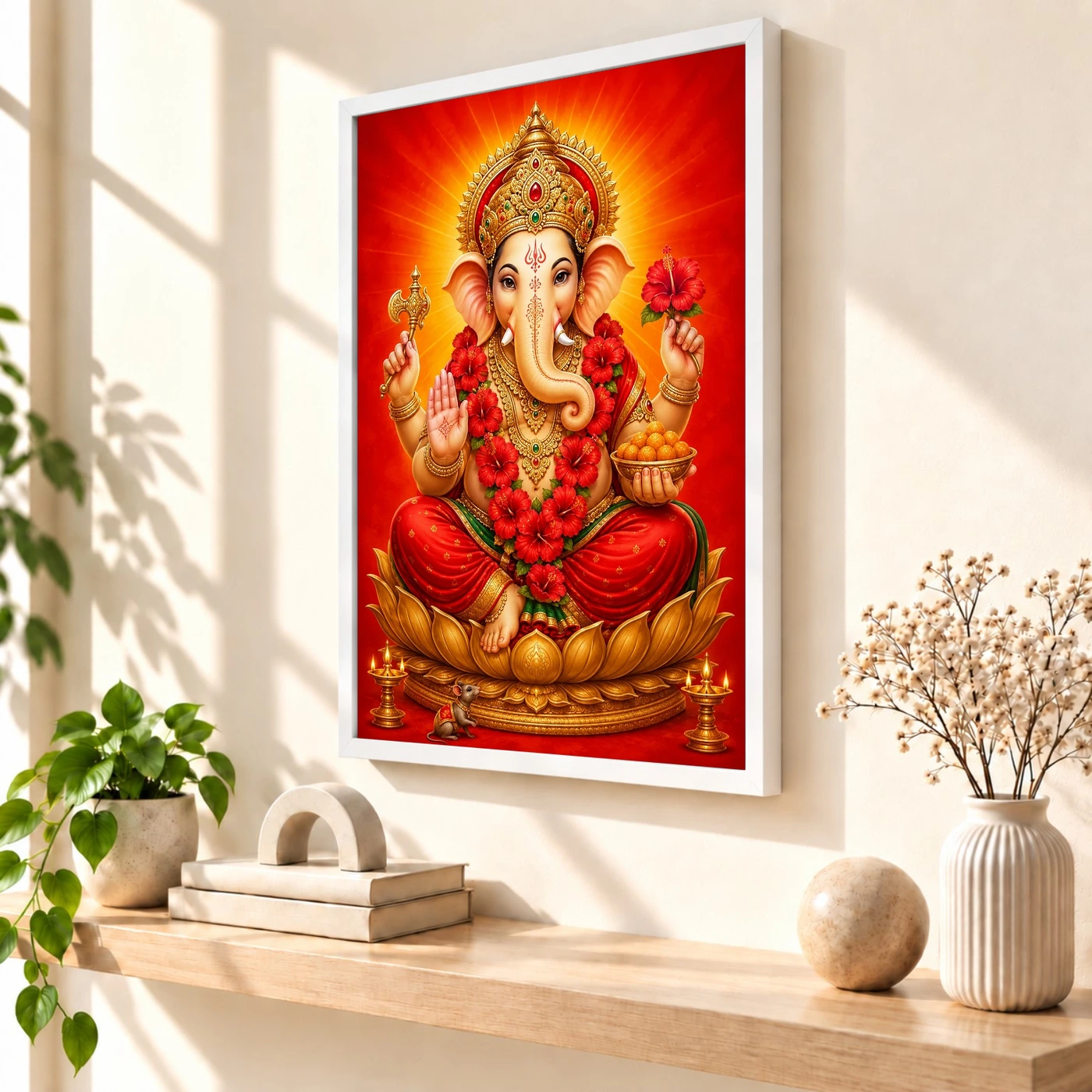 Ganpati Bappa — Red Hibiscus Radiance Frame 57 Ganpati Bappa — Red Hibiscus Radiance Frame — white frame