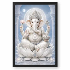 White Marble Ganesha — Silver Serenity Frame — black frame clean