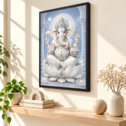 White Marble Ganesha — Silver Serenity Frame — black frame console