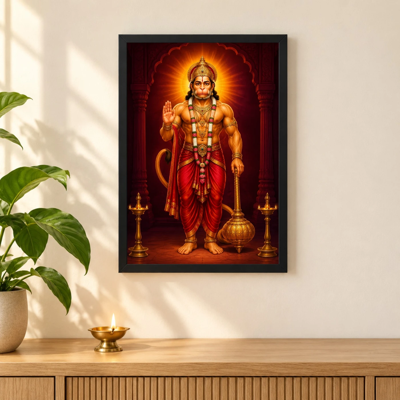Hanuman Ji — Gada Blessings Frame 3 Hanuman Ji — Gada Blessings Frame — black frame pooja shelf