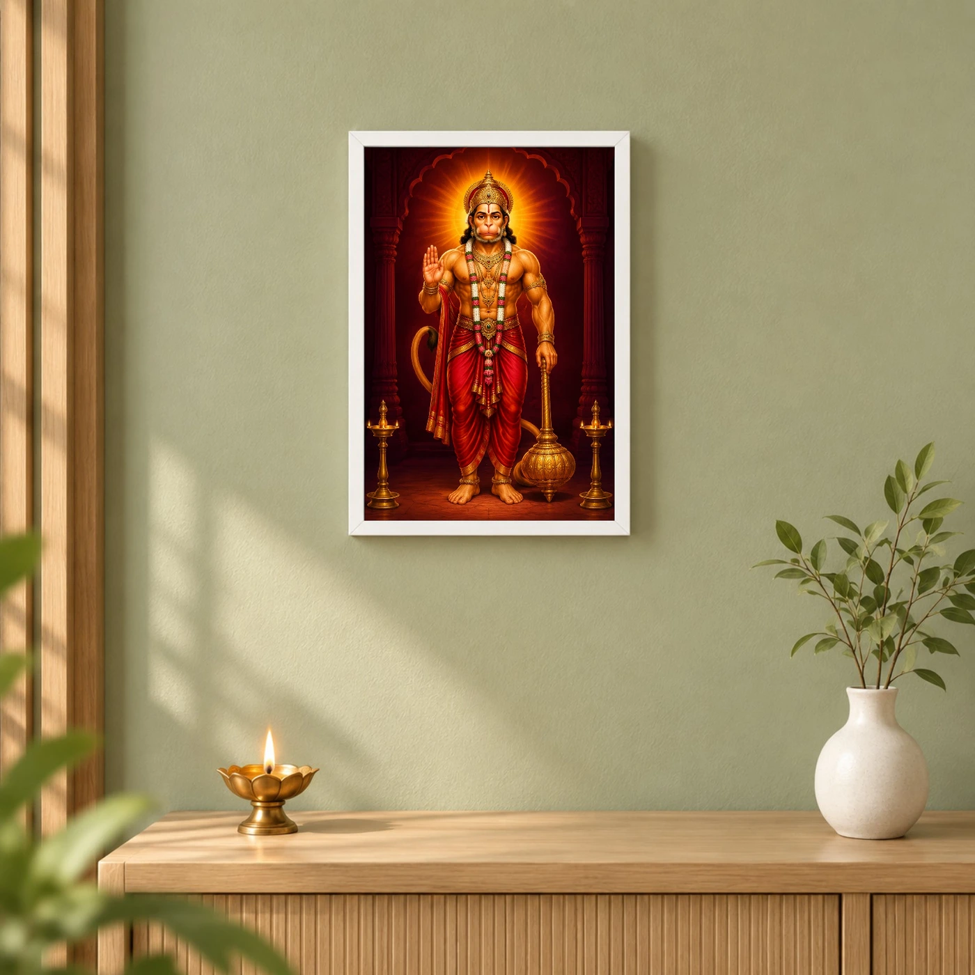 Hanuman Ji — Gada Blessings Frame 6 Hanuman Ji — Gada Blessings Frame — white frame distant wall