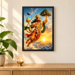 Veer Hanuman — Sanjeevani Mountain Frame — black frame pooja shelf