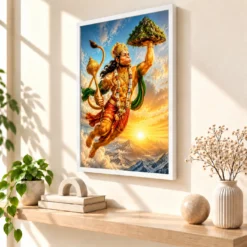 Veer Hanuman — Sanjeevani Mountain Frame — white frame warm console