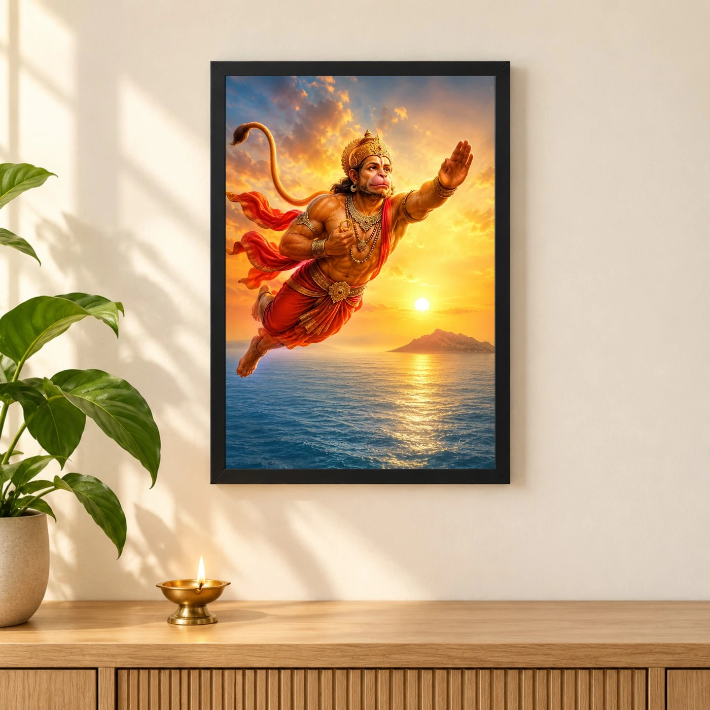 Flying Hanuman — Ocean Crossing Frame 3 Flying Hanuman — Ocean Crossing Frame — black frame pooja shelf