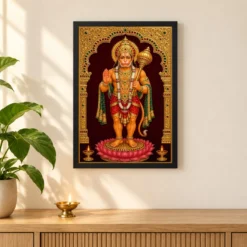 Hanuman — Tanjore Gold Traditional Art Frame — black frame pooja shelf