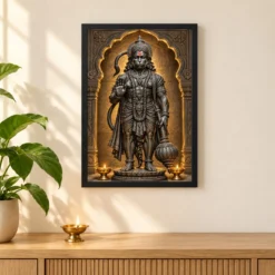 Black Stone Hanuman — Temple Serenity Frame 11 Black Stone Hanuman — Temple Serenity Frame — black frame pooja shelf