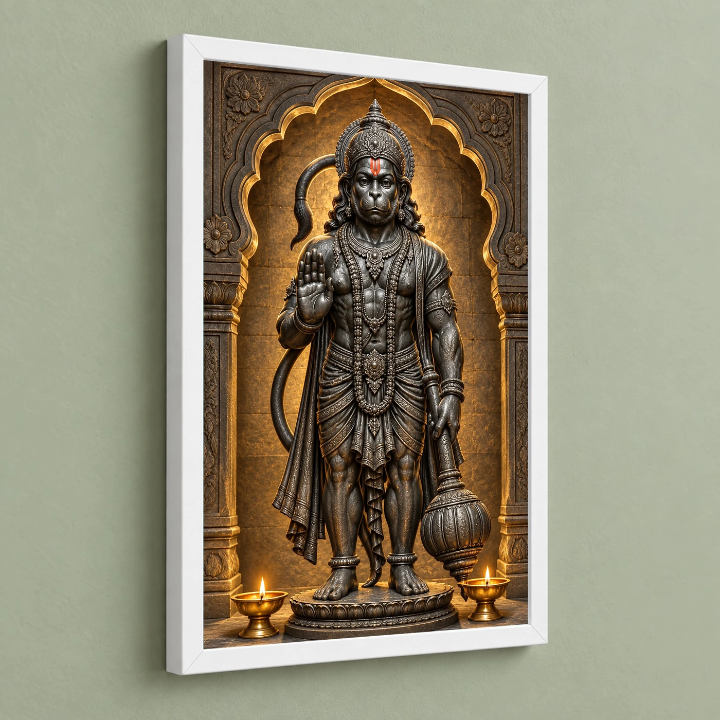 Black Stone Hanuman — Temple Serenity Frame 5 Black Stone Hanuman — Temple Serenity Frame — white frame angled wall