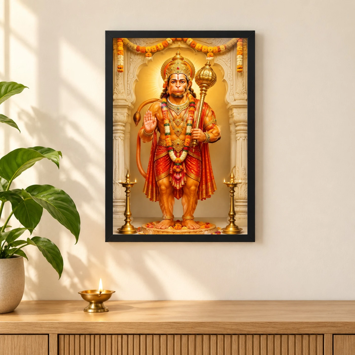 Hanuman Ji — Hanuman Jayanti Temple Frame 3 Hanuman Ji — Hanuman Jayanti Temple Frame — black frame pooja shelf