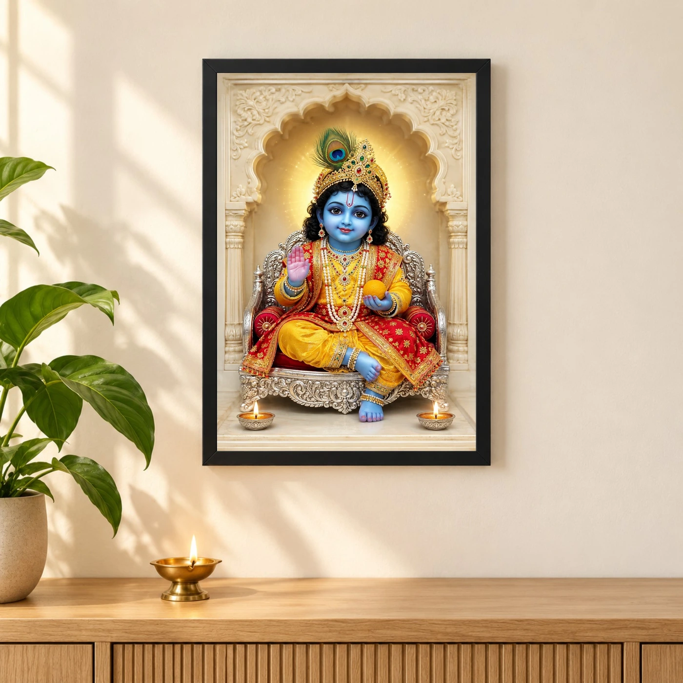 Laddu Gopal — Divine Blessings Frame 3 Laddu Gopal — Divine Blessings Frame — black frame pooja shelf