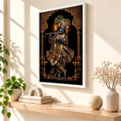 Banke Bihari — Vrindavan Darshan Frame — white frame warm console