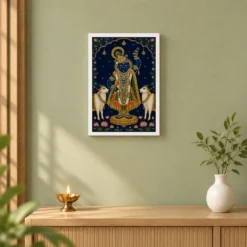 Shrinathji — Pichwai Darshan Frame — white frame distant wall
