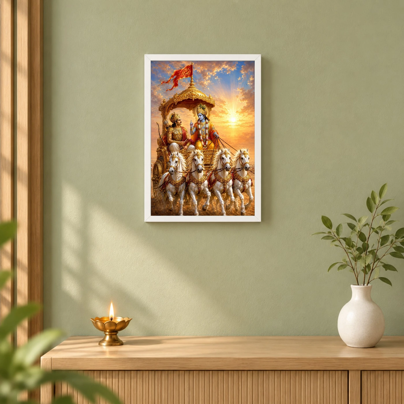 Krishna Arjuna — Bhagavad Gita Updesh Frame 6 Krishna Arjuna — Bhagavad Gita Updesh Frame — white frame distant wall