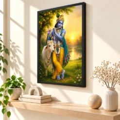 Krishna with Cow — Vrindavan Dawn Frame — black frame console