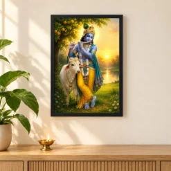 Krishna with Cow — Vrindavan Dawn Frame 11 Krishna with Cow — Vrindavan Dawn Frame — black frame pooja shelf