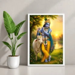 Krishna with Cow — Vrindavan Dawn Frame 12 Krishna with Cow — Vrindavan Dawn Frame — white frame console