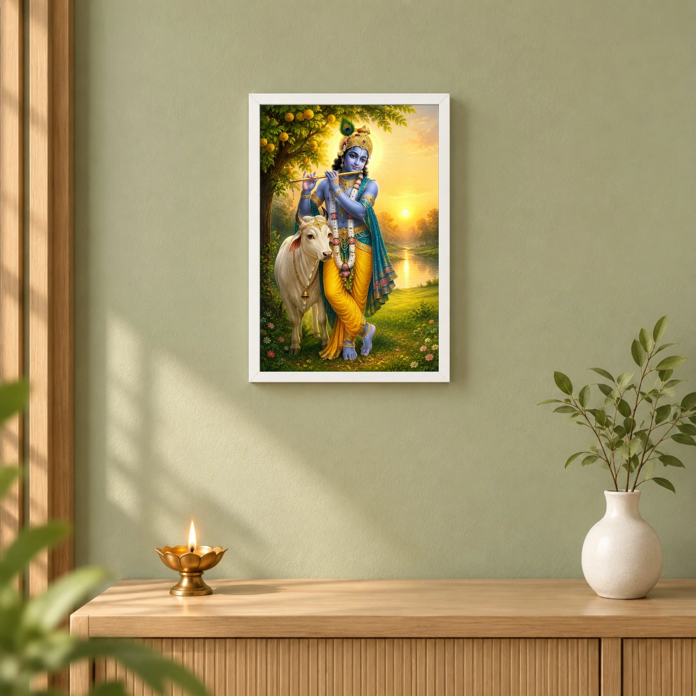 Krishna with Cow — Vrindavan Dawn Frame 6 Krishna with Cow — Vrindavan Dawn Frame — white frame distant wall
