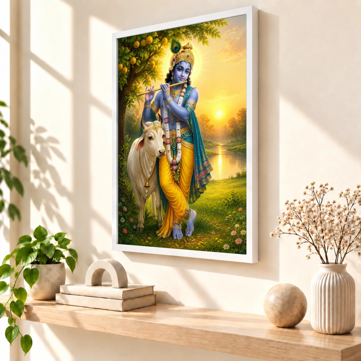 Krishna with Cow — Vrindavan Dawn Frame 57 Krishna with Cow — Vrindavan Dawn Frame — white frame