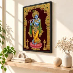 Krishna — Tanjore Gold Traditional Art Frame — black frame console
