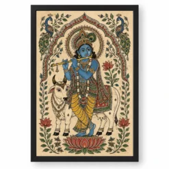 Krishna — Madhubani Folk Art Frame — black frame clean